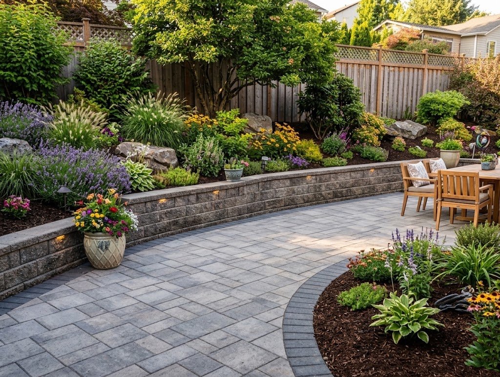 Curved gray paver patio with tiered garden walls and integrated lighting in a Springfield, MO backyard
