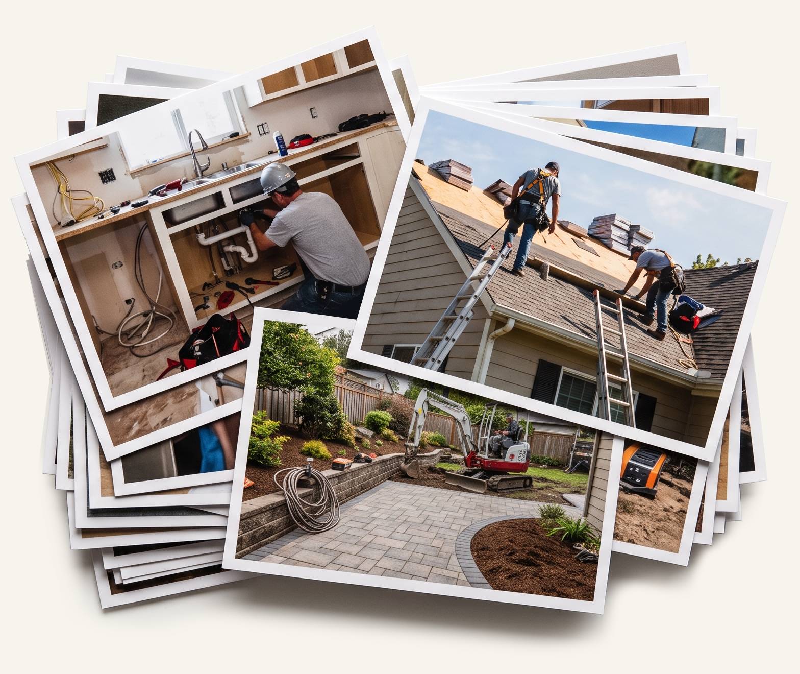 A pile of raw job photos on a phone — plumbing, roofing, and landscaping work, unsorted